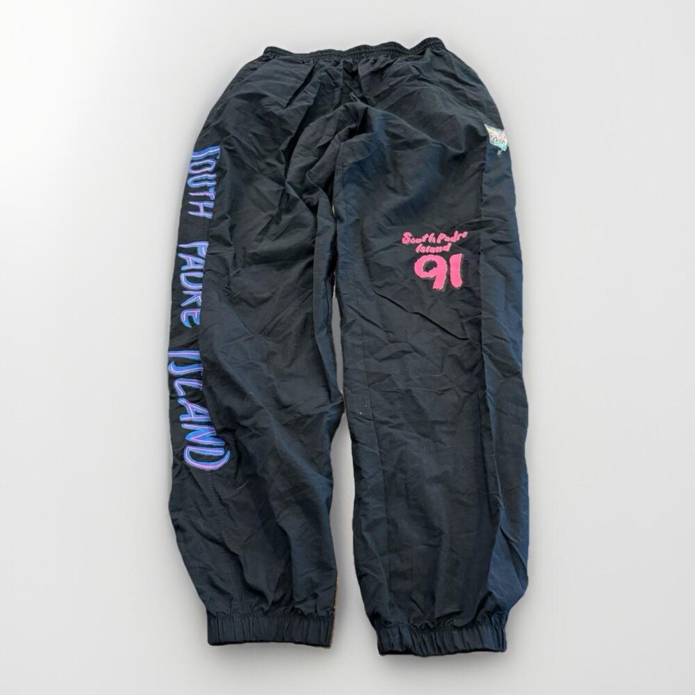 Vtg 90s Surf Style Mens Black South Padre Island 91 Windbreaker Pants Size L